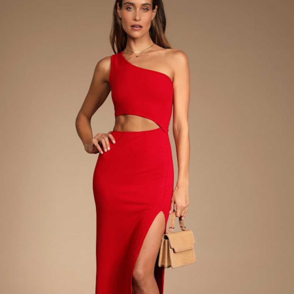 Lulus Spice Things Up Red Ribbed One-shoulder Cutout Midi Dress - Size M
